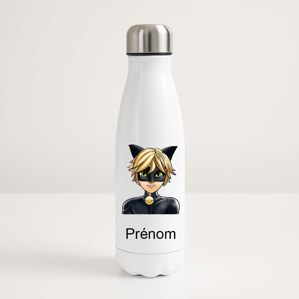Bouteille isotherme blanche personnalisée avec un personnage de Chat Noir (Miraculous) et un prénom pour enfant
