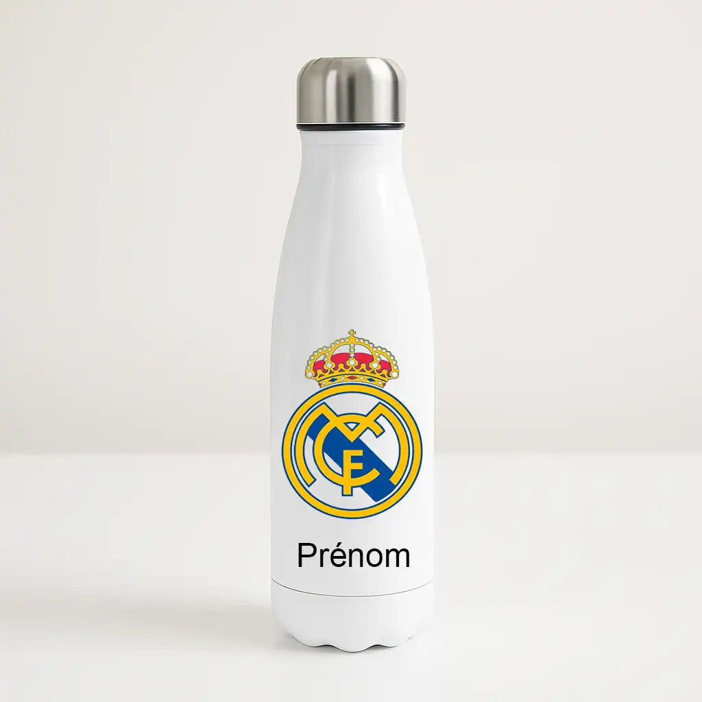 Gourde isotherme personnalisée avec logo Real Madrid et prénom, bouteille inox 500ml