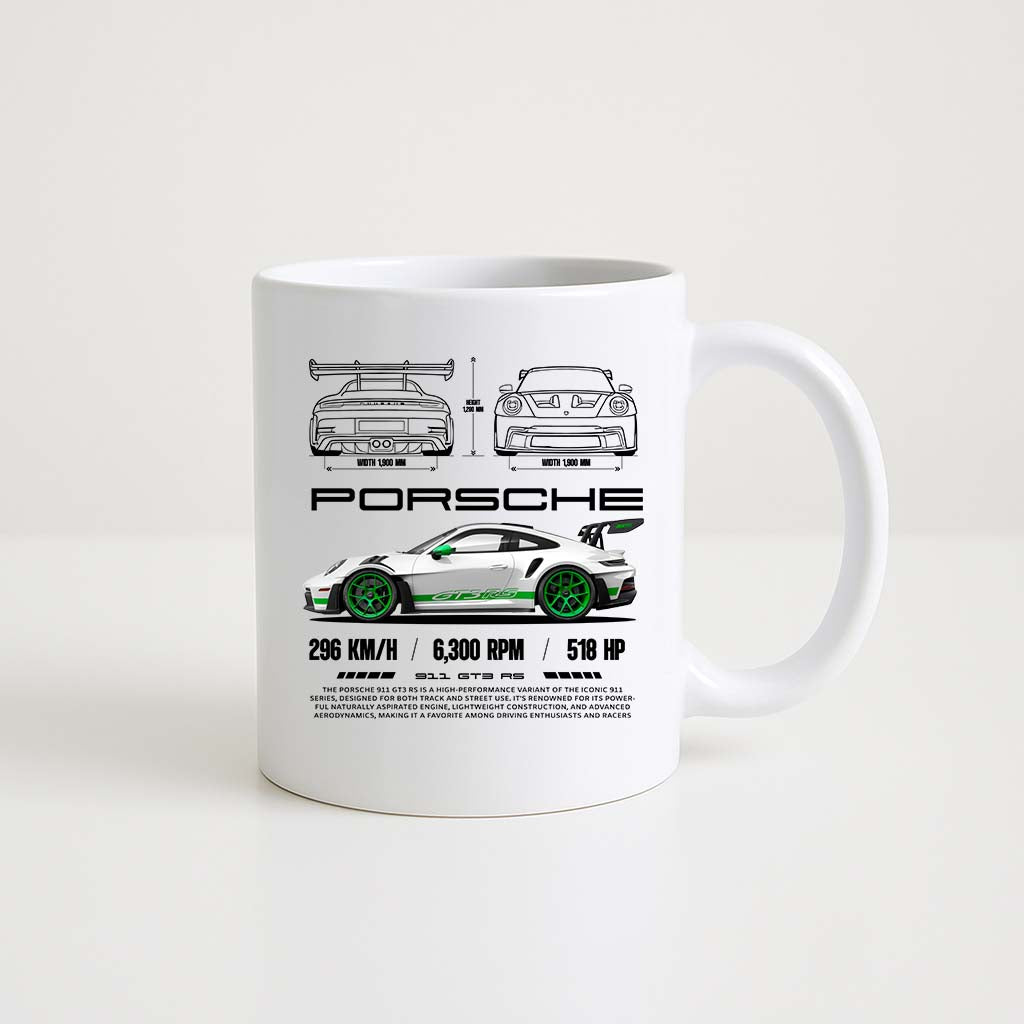 Mug en céramique blanche 350ml avec illustration Porsche GT3 RS, espace prénom personnalisable.