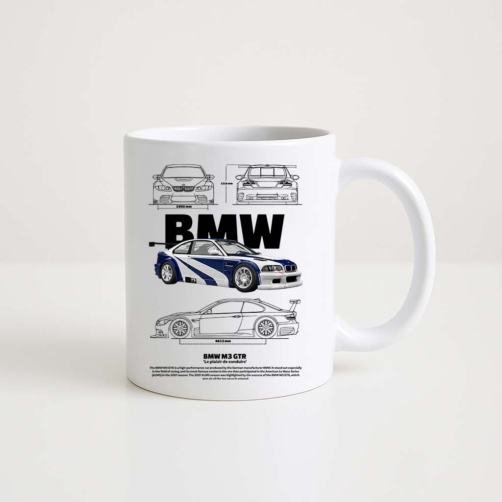 Mug en céramique blanche 350ml avec illustration BMW M3 GTR, espace prénom personnalisable.