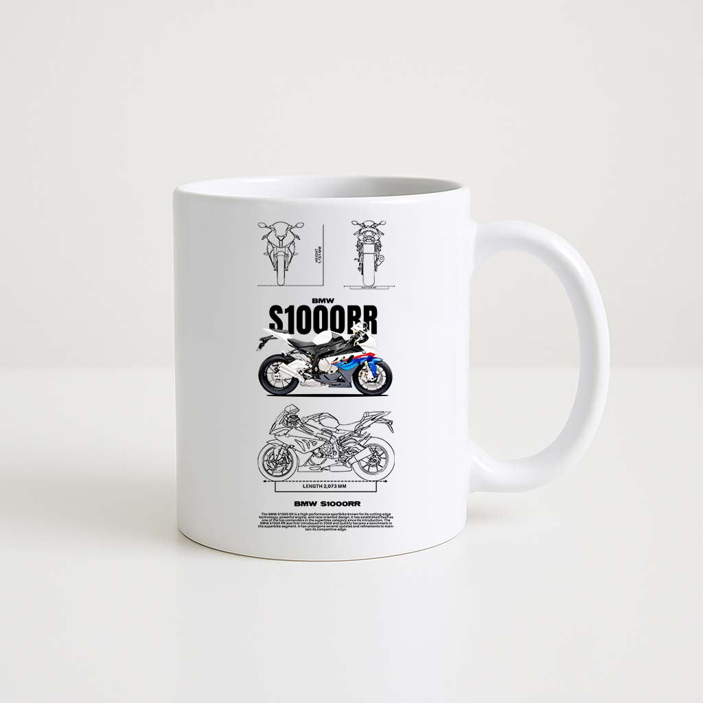Mug en céramique blanche 350ml avec illustration BMW S1000R, espace prénom personnalisable.