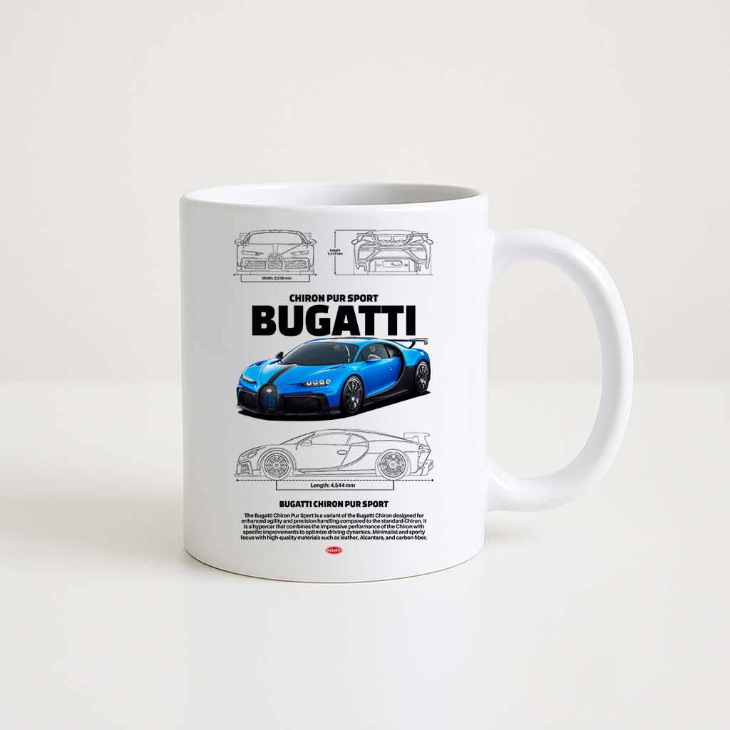 Mug en céramique blanche 350ml avec illustration Bugatti Chiron Bleu, espace prénom personnalisable.