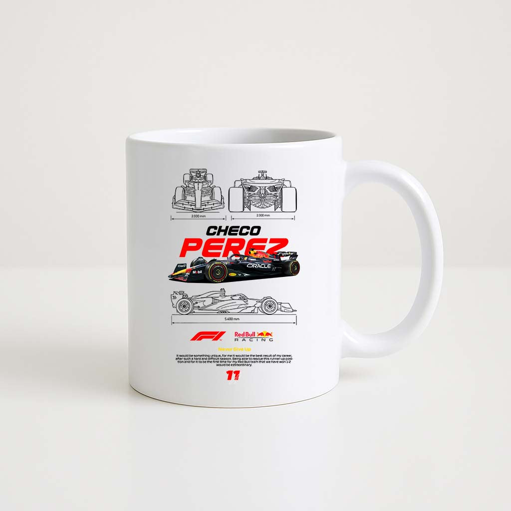 Mug en céramique blanche 350ml avec illustration Checo Pérez et sa monoplace F1, espace prénom personnalisable.