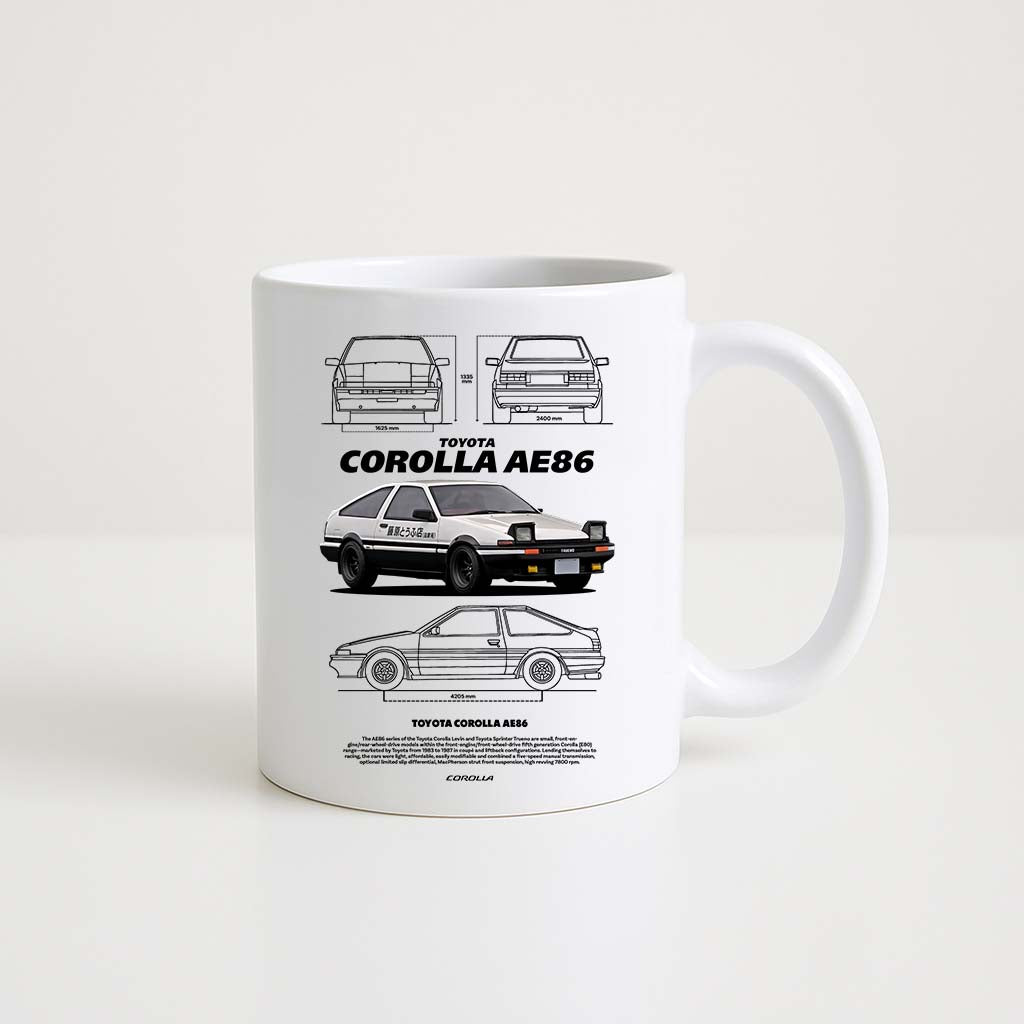 Mug en céramique blanche 350ml avec illustration Toyota Corolla AE86, espace prénom personnalisable.