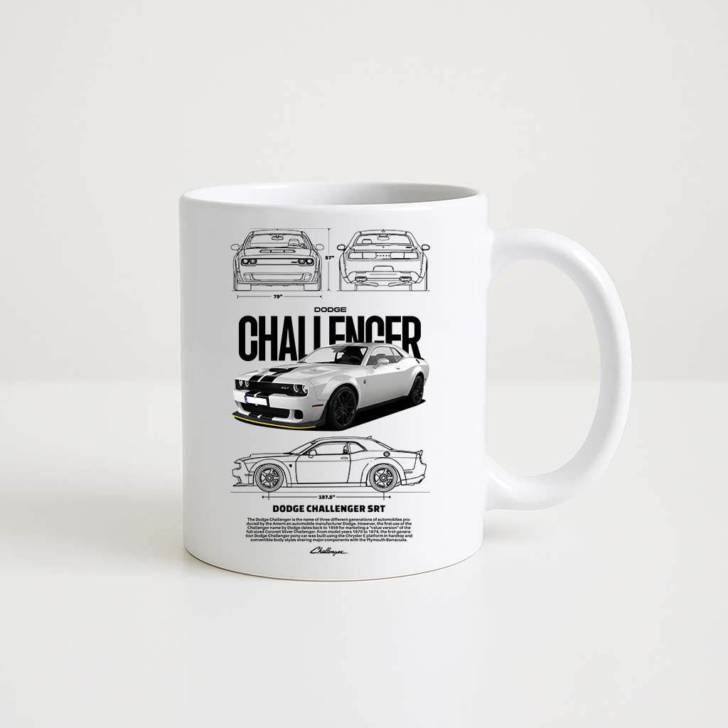Mug en céramique blanche 350ml avec illustration Dodge Challenger Blanche, espace prénom personnalisable.