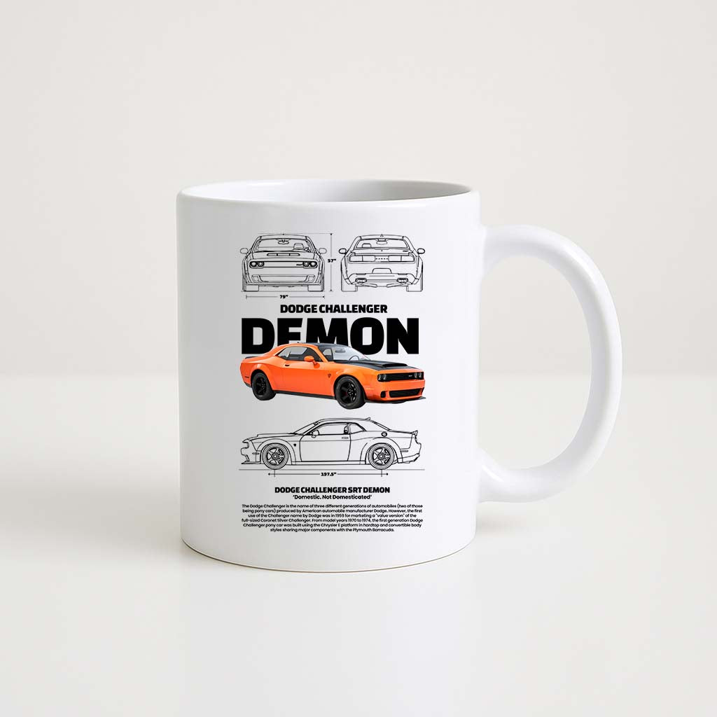 Mug en céramique blanche 350ml avec illustration Dodge Charger Demon Orange, espace prénom personnalisable.