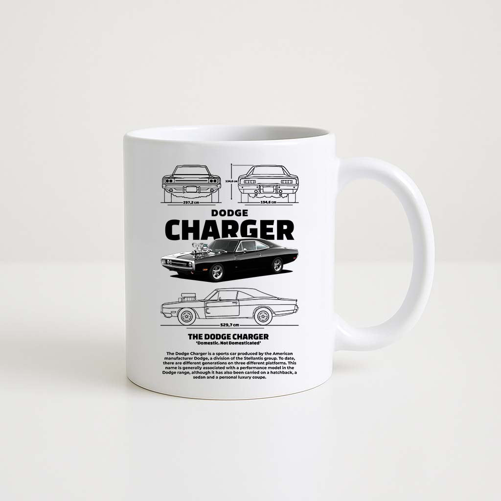 Mug en céramique blanche 350ml avec illustration Dodge Charger Noir, espace prénom personnalisable.
