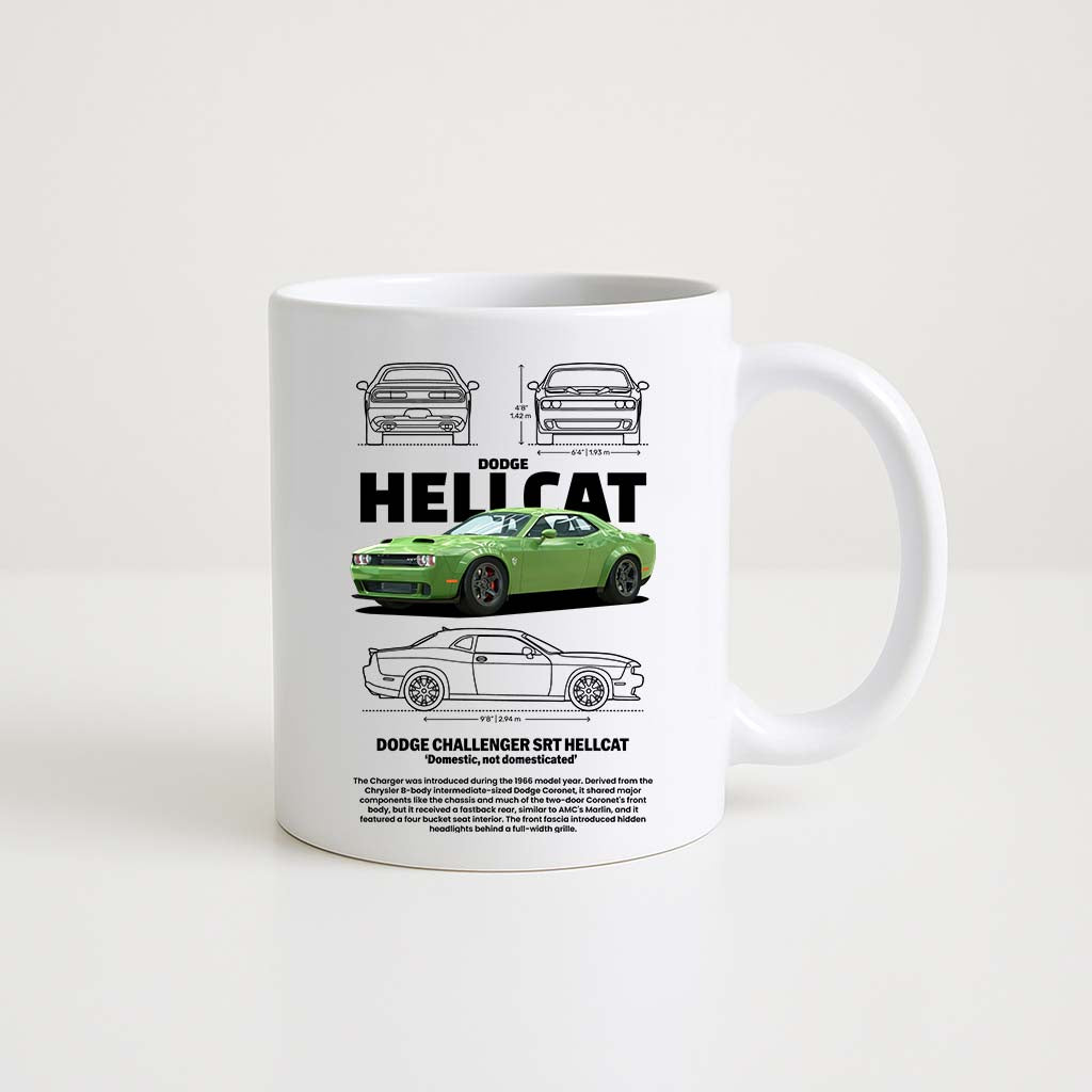 Mug en céramique blanche 350ml avec illustration Dodge Hellcat Vert, espace prénom personnalisable.