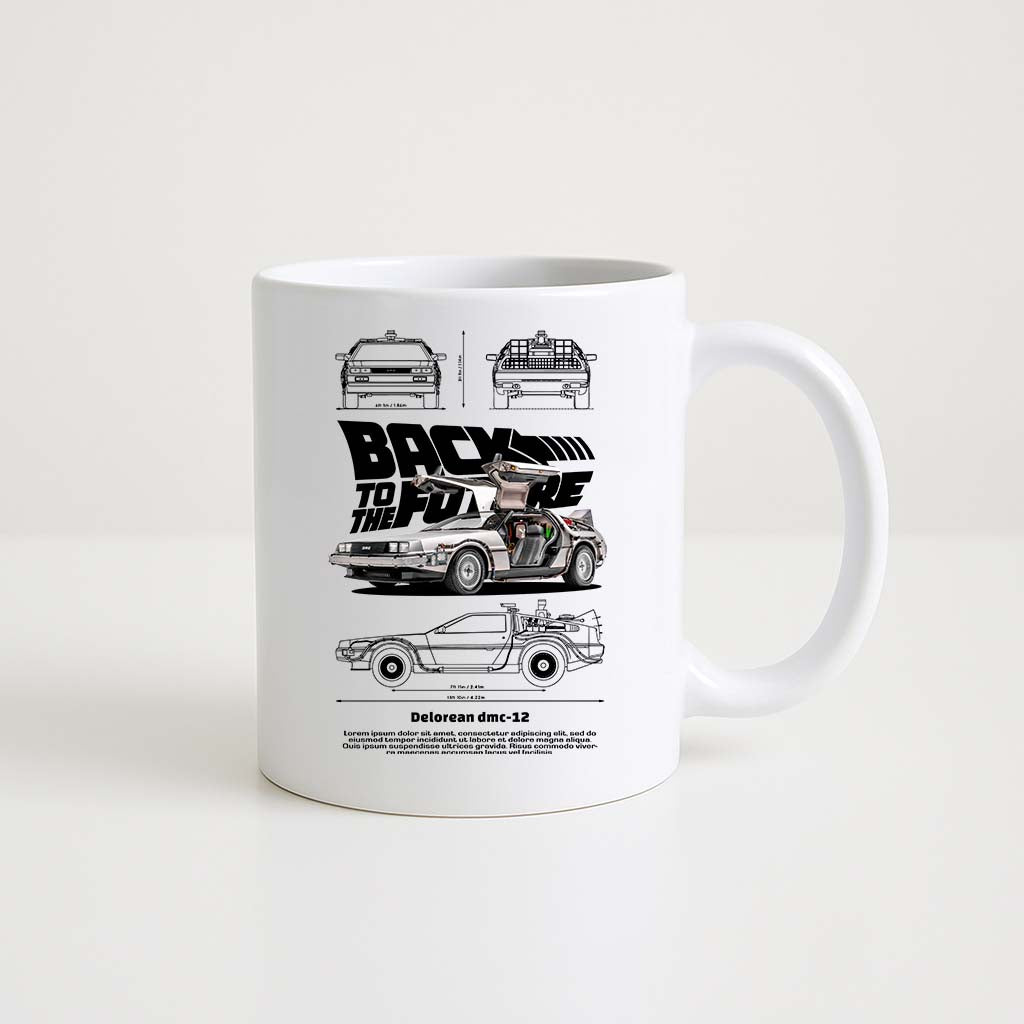 Mug en céramique blanche 350ml avec illustration DeLorean de Back to the Future, espace prénom personnalisable.