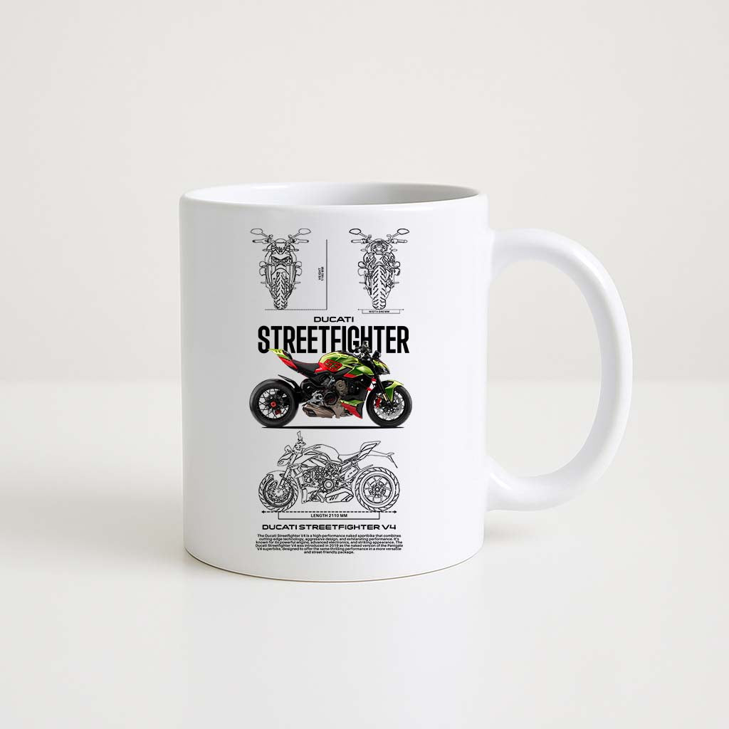 Mug en céramique blanche 350ml avec illustration Ducati Streetfighter, espace prénom personnalisable.