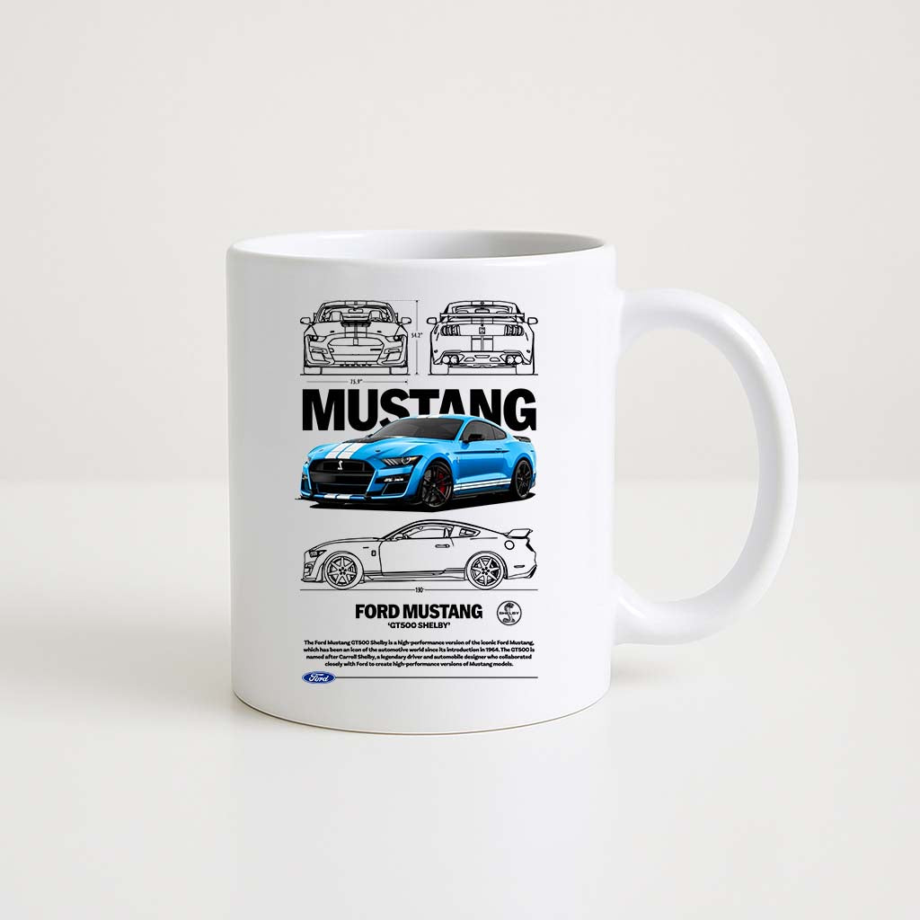 Mug en céramique blanche 350ml avec illustration Ford Mustang GT500 Shelby Bleu, espace prénom personnalisable.