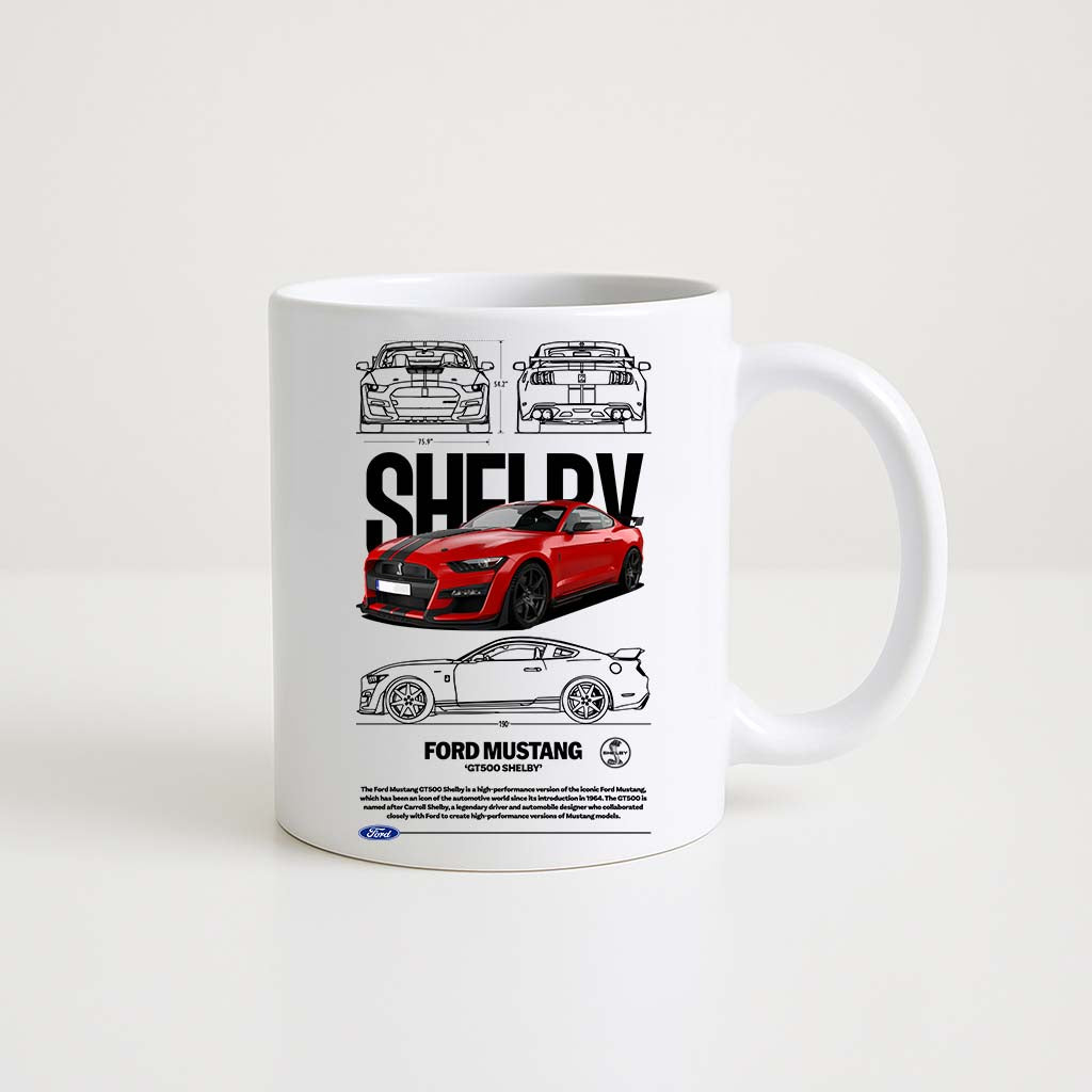 Mug en céramique blanche 350ml avec illustration Ford Mustang GT500 Shelby Rouge, espace prénom personnalisable.