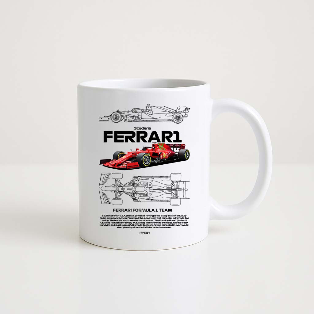 Mug en céramique blanche 350ml avec illustration monoplace Ferrari Rouge, espace prénom personnalisable.
