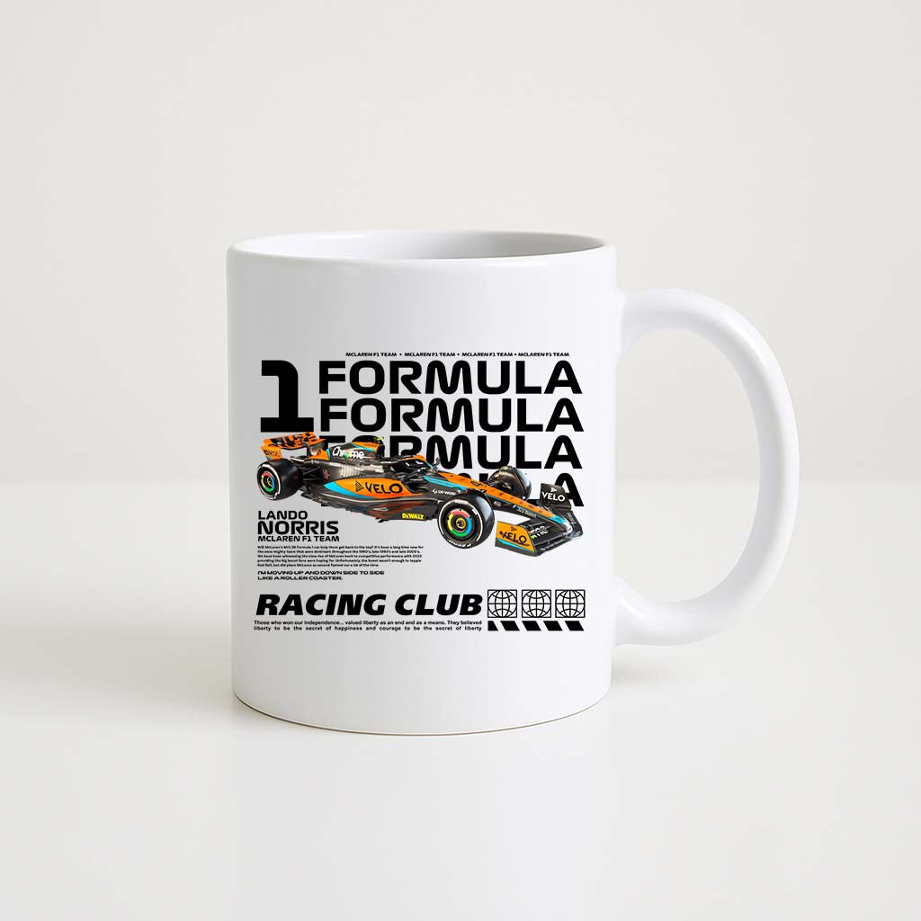 Mug en céramique blanche 350ml avec illustration Lando Norris et sa monoplace F1, espace prénom personnalisable.