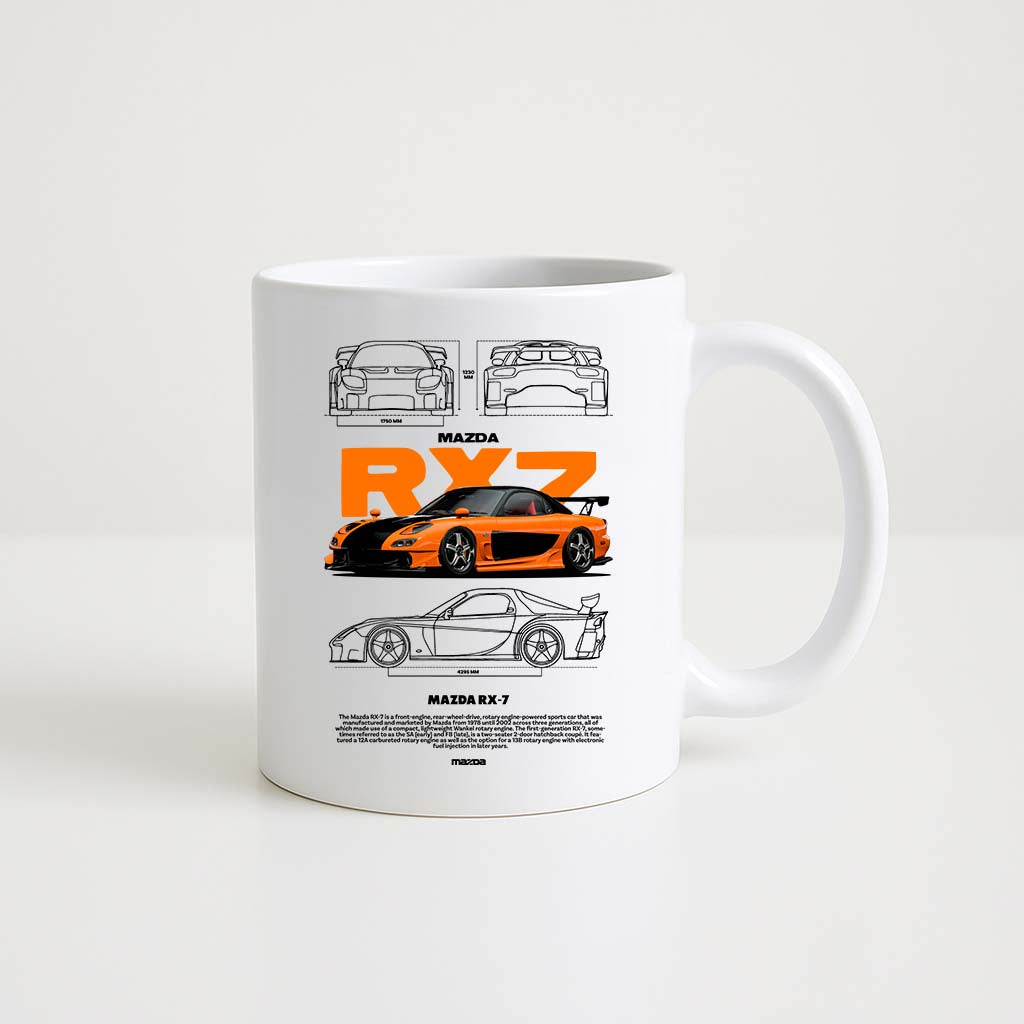 Mug en céramique blanche 330ml avec illustration Mazda RX-7 Veilside, design sportif et tuning japonais.