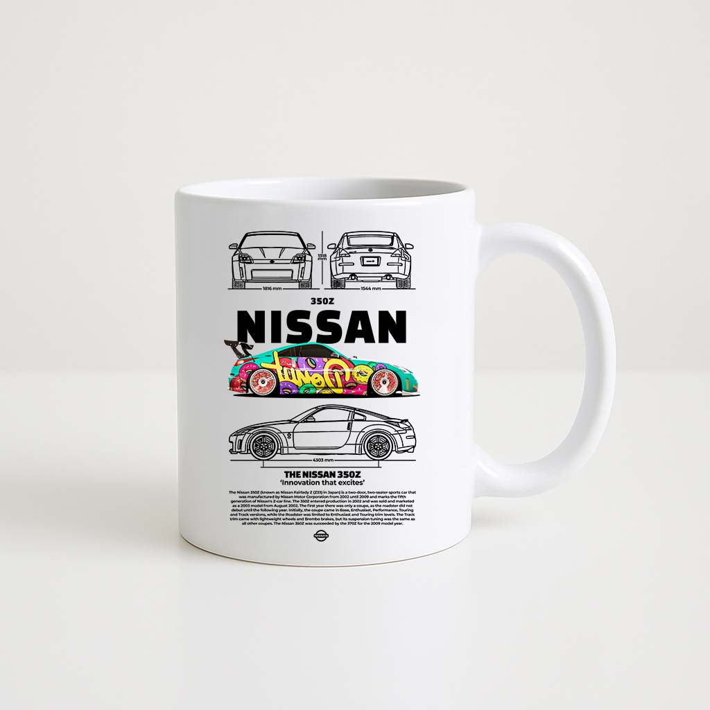 Mug en céramique blanche 350ml avec illustration Nissan 350Z, espace prénom personnalisable.