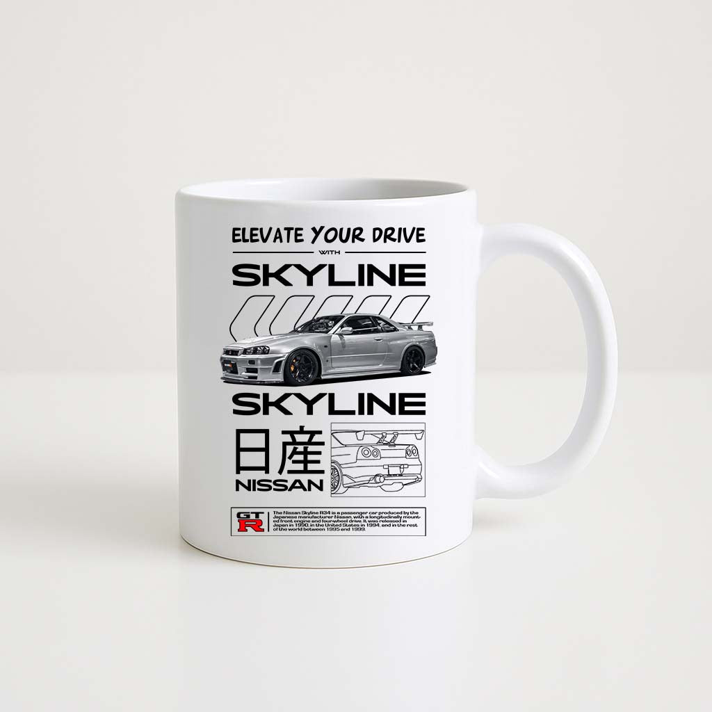 Mug en céramique blanche 330ml avec illustration Nissan Skyline R34 grise, design sportif et japonais.