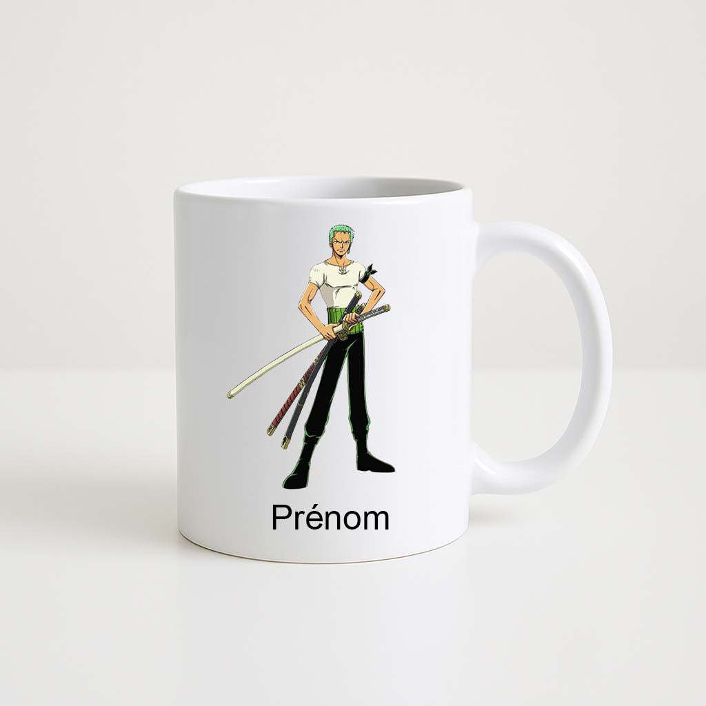 Mug blanc 330 ml avec illustration d’un personnage ressemblant à Zoro de One Piece et un espace personnalisable pour inscrire un prénom