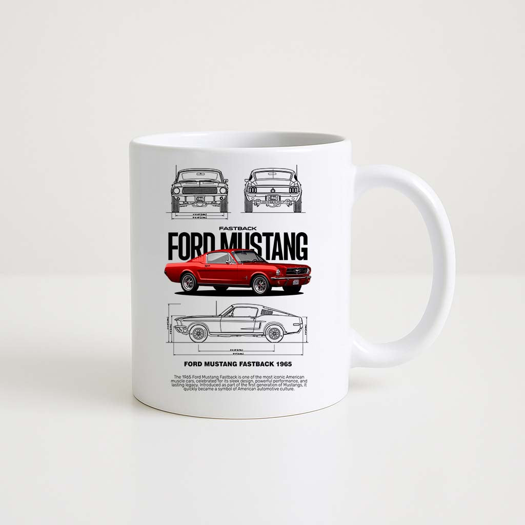 Mug en céramique blanche 350ml avec illustration Ford Mustang Rouge, espace prénom personnalisable.