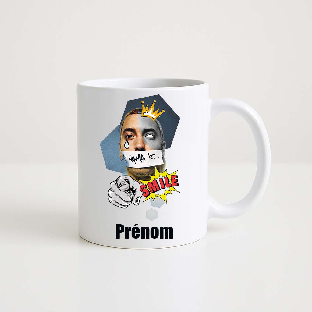 Mug blanc 330ml avec Eminem, bandeau "My Name Is..." sur la bouche, espace pour un prénom personnalisable.