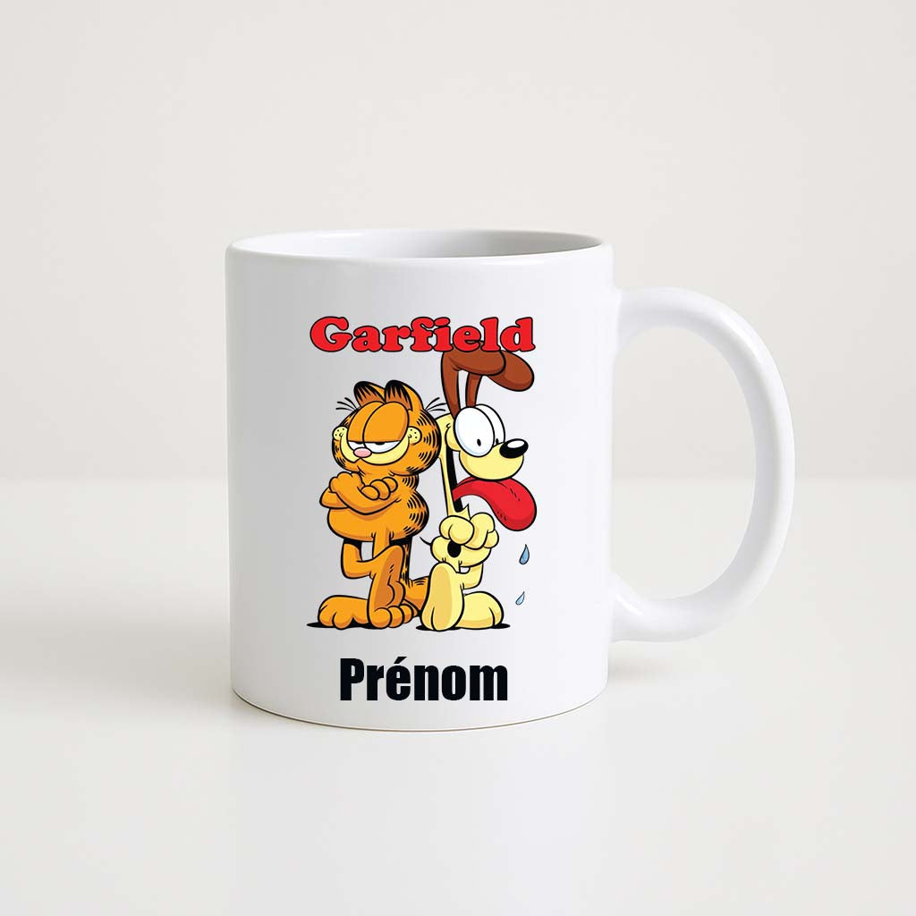 Mug blanc 330ml avec Garfield et Odie dos à dos, chat orange et chien jaune, espace pour un prénom personnalisable.