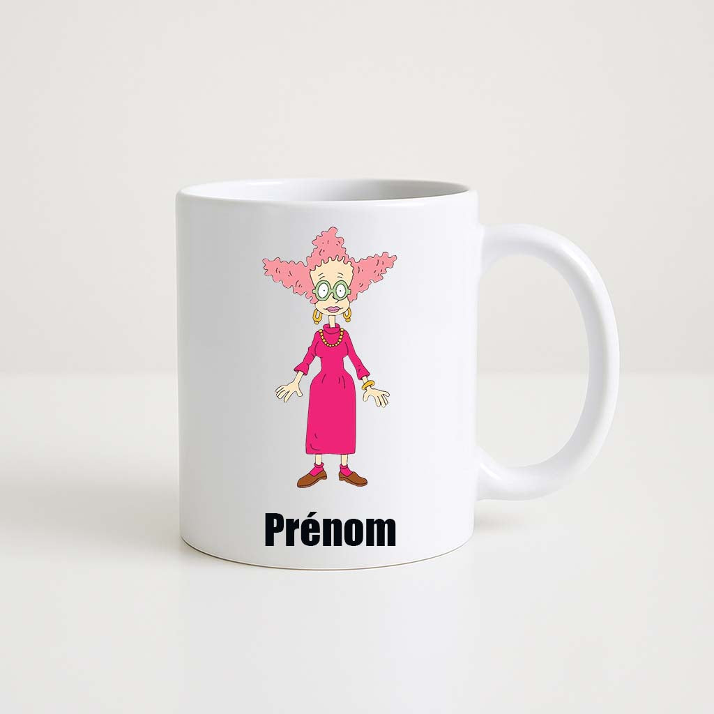 Mug blanc 330ml avec Gertrude, miche de pain animée au sourire malicieux, espace pour un prénom personnalisable.