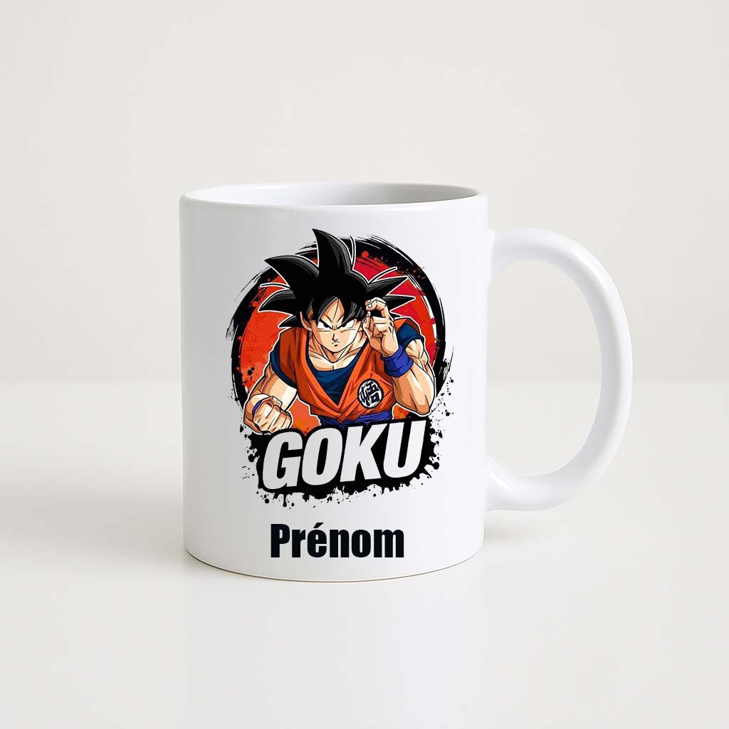 Mug blanc 330ml avec Son Goku en Super Saiyan auréolé d’aura, espace pour un prénom personnalisable.