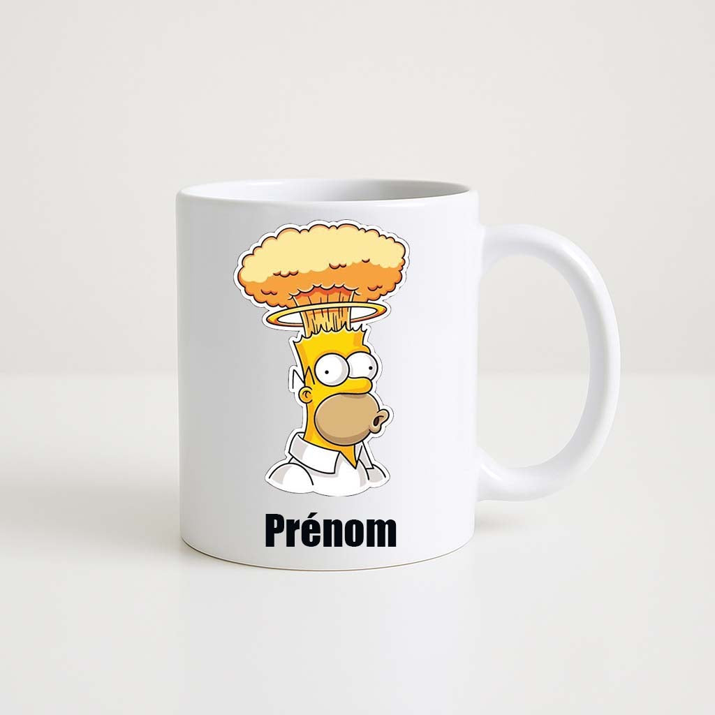 Mug blanc 330ml avec Homer Simpson, espace pour un prénom personnalisable.