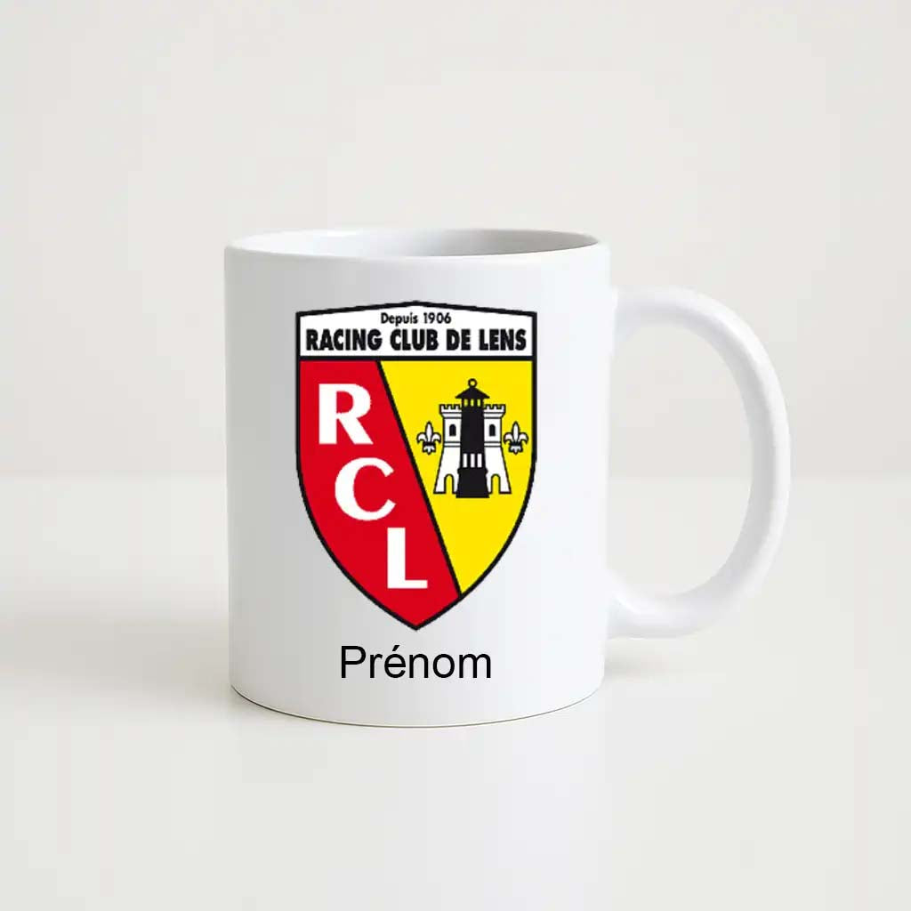Mug blanc de 330 ml avec le logo du club RC Lens, accompagné de l’inscription "Prénom" personnalisable en dessous.