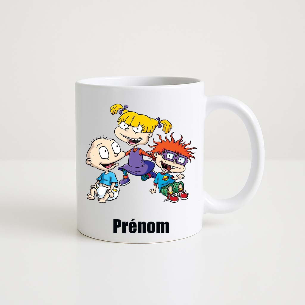 Mug blanc 330ml avec Tommy, Chuckie, Phil et Lil des Razmokets, espace pour un prénom personnalisable.