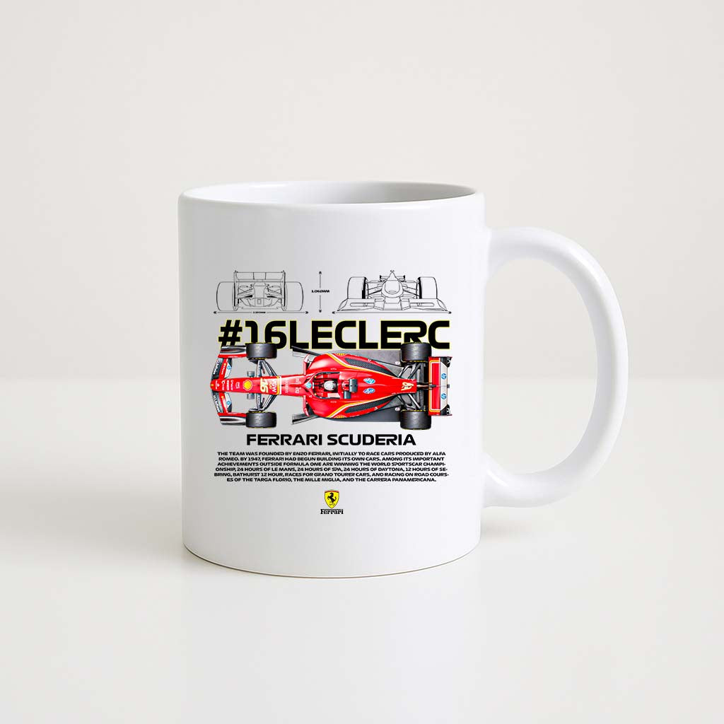 Mug en céramique blanche 350ml avec illustration d'une F1 ferrari et espace prénom personnalisable.
