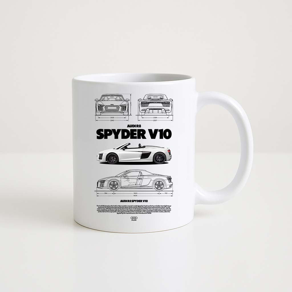 Mug en céramique blanche 330ml avec schémas techniques et profil de l’Audi R8 Spyder V10.