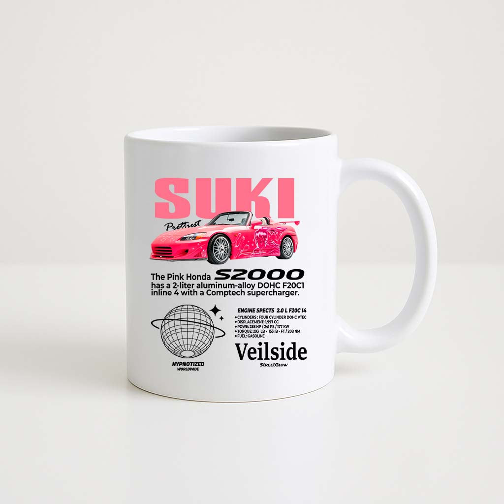 Mug en céramique blanche 330ml avec illustration Honda S2000 Suki rose, design sportif et fun.