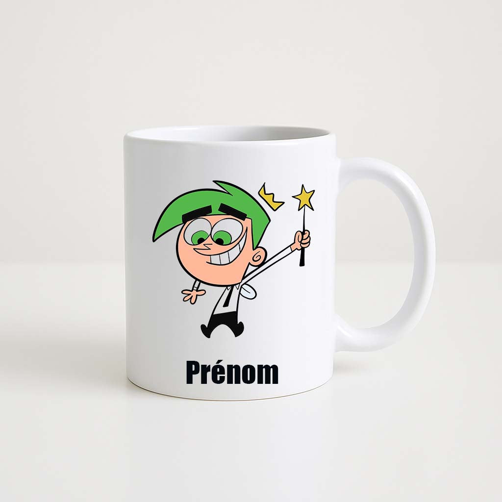 Mug blanc 330ml avec Cosmo, fée verte aux grandes oreilles tenant une baguette étoilée, espace pour un prénom personnalisable.