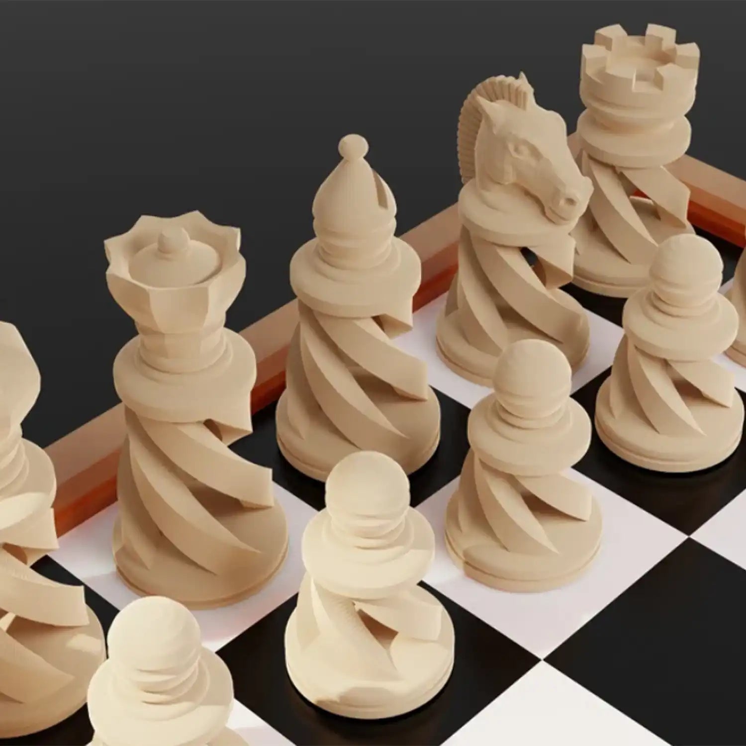Pièces d'échecs modernes en bois imprimées en 3D sur un plateau noir et blanc.