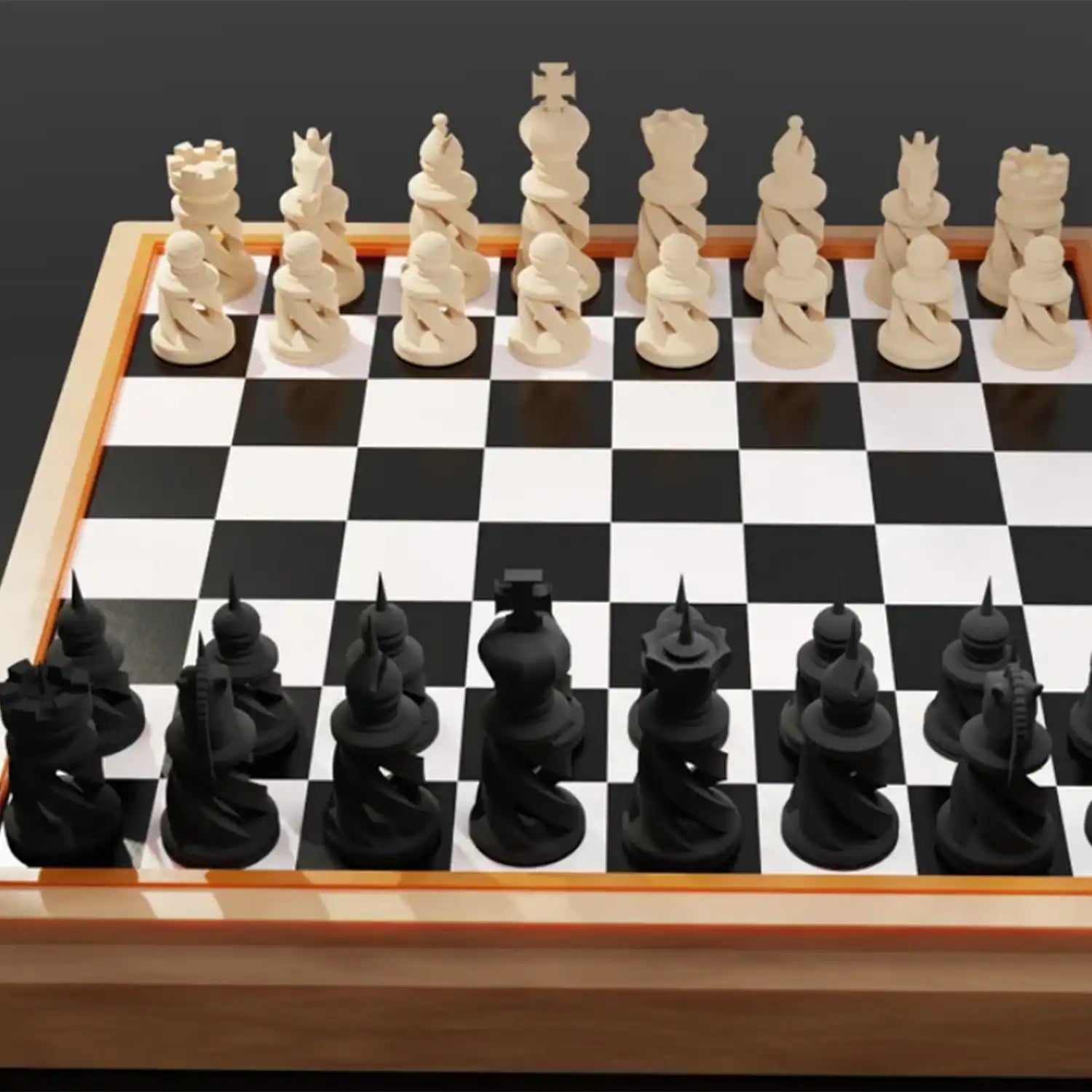 Rois, reines et fous d’un jeu d’échecs contemporain en impression 3D écologique.