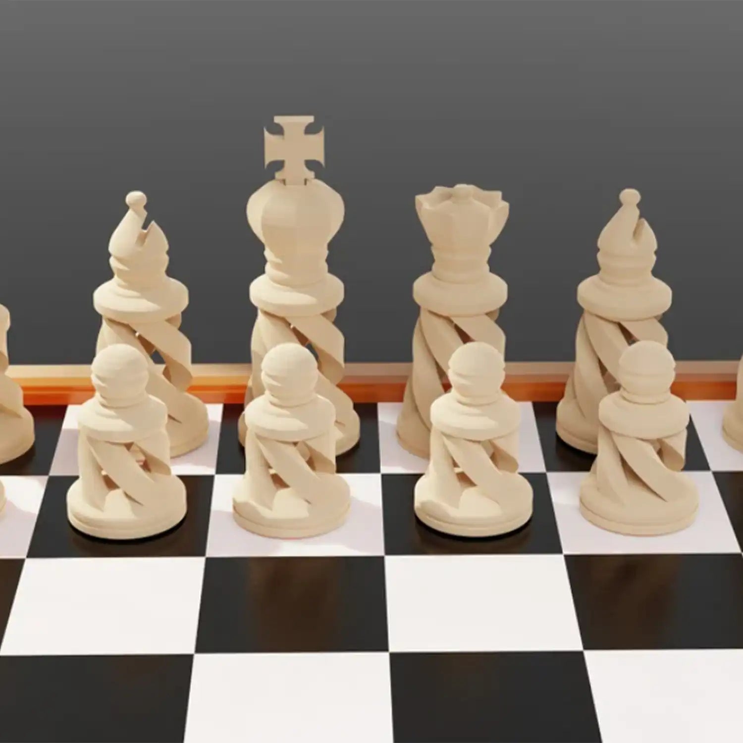 Échecs modernes imprimés en 3D avec design durable et formes géométriques.