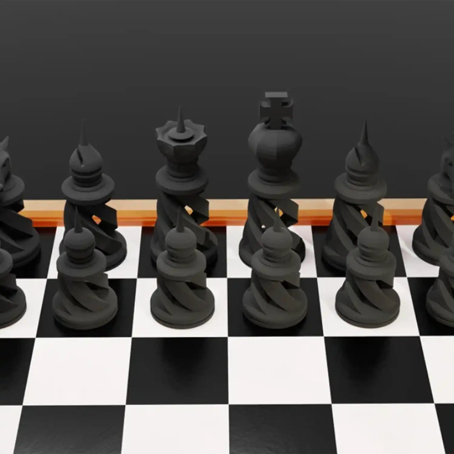 Pièces d’échecs originales en matériaux durables, sur plateau artistique.