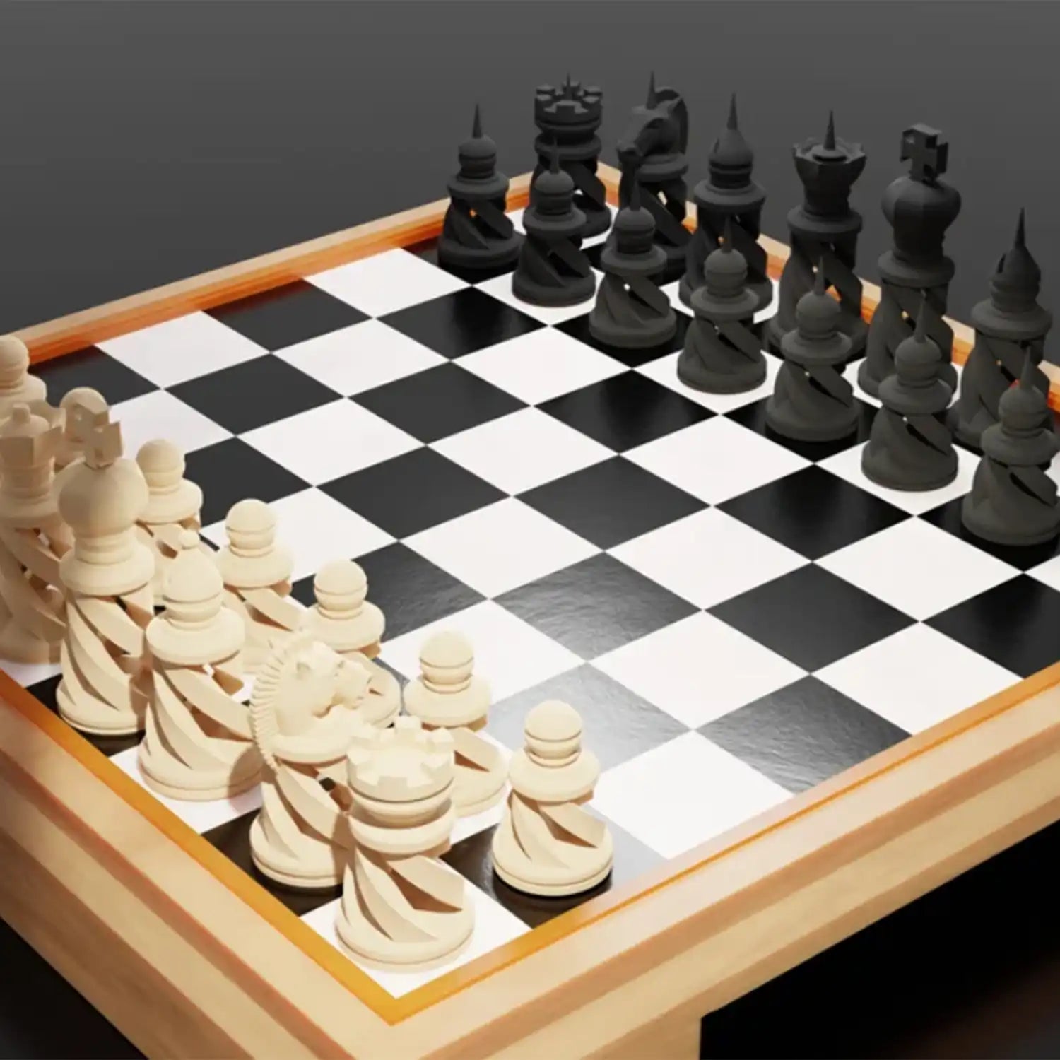 Échiquier avec pièces 3D éco-conçues au design sculptural et contemporain.