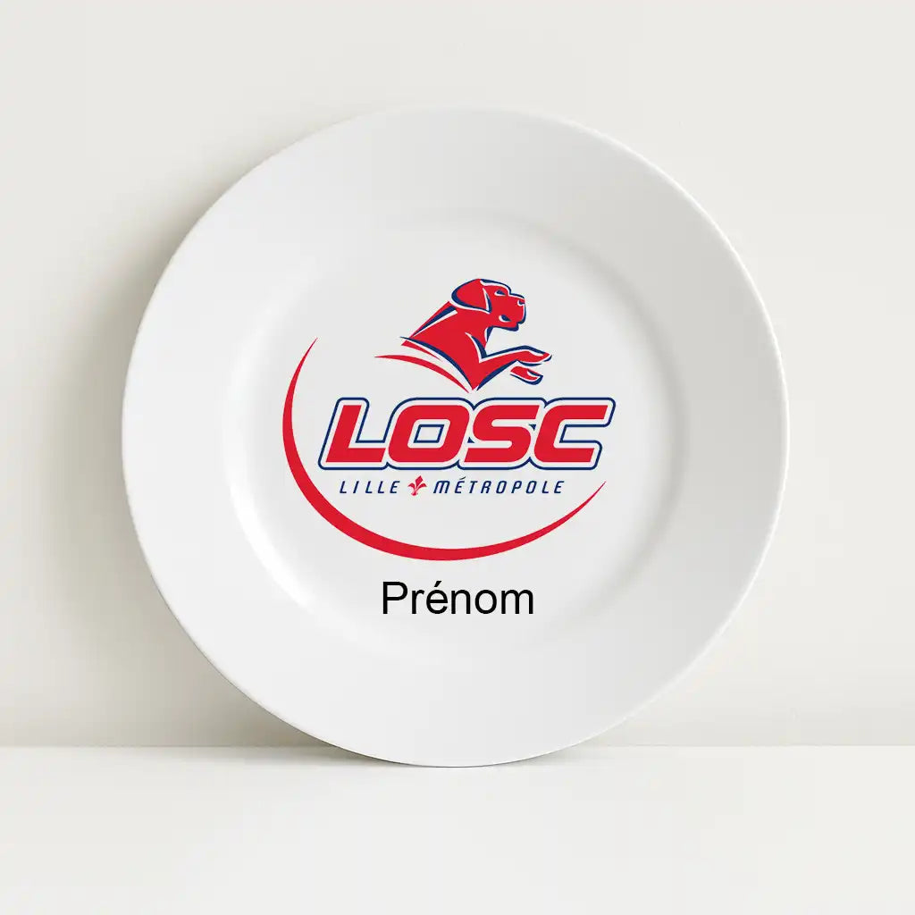 Assiette blanche avec le logo du club de football Losc au centre, surmontant l’inscription personnalisable "Prénom".