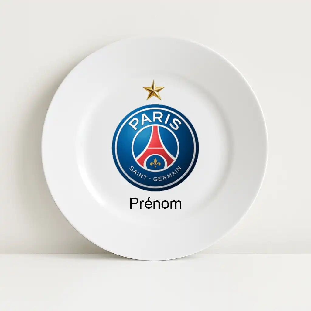 Assiette blanche avec le logo du club de football Paris Saint Germain 1 étoile au centre, surmontant l’inscription personnalisable "Prénom".