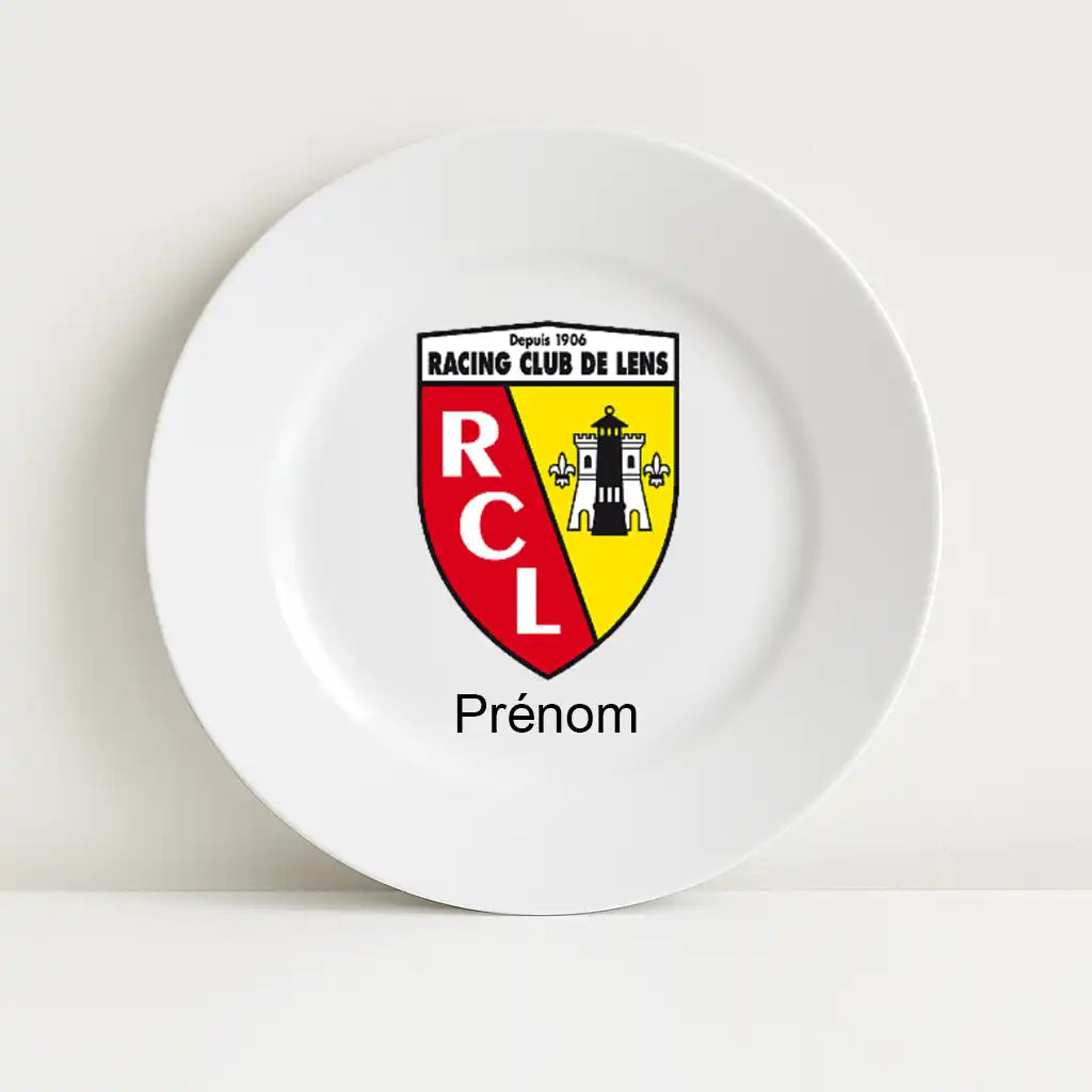 Assiette blanche avec le logo du club de football RC Lens au centre, surmontant l’inscription personnalisable "Prénom".