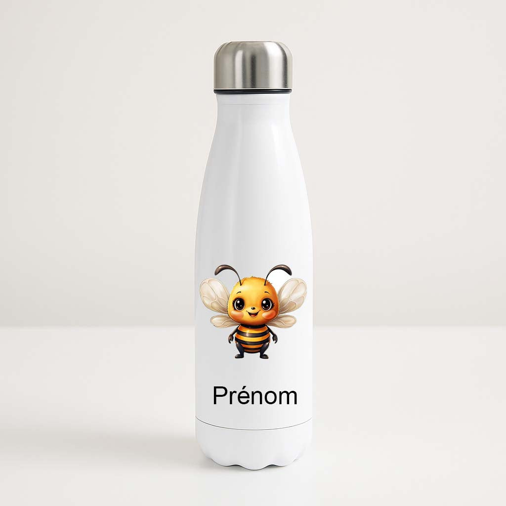 Bouteille isotherme blanche avec une abeille chibi mignonne et prénom personnalisable