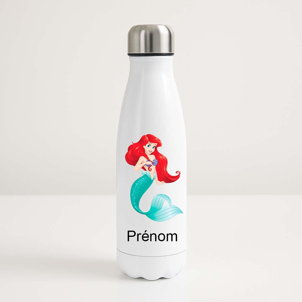 Bouteille isotherme blanche avec illustration d’Ariel, la petite sirène, et prénom personnalisable