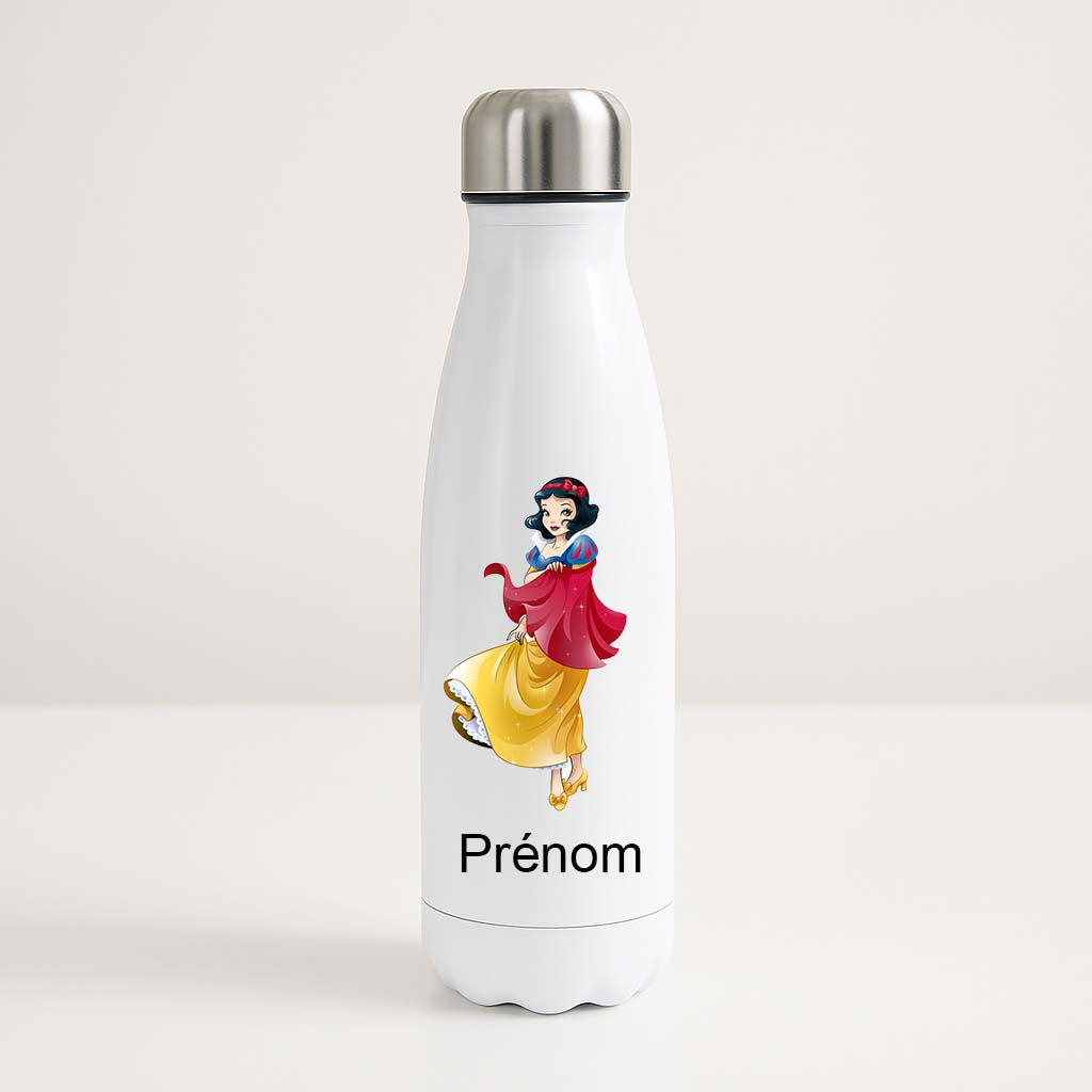 Bouteille isotherme blanche avec illustration de Blanche-Neige et prénom personnalisable en dessous
