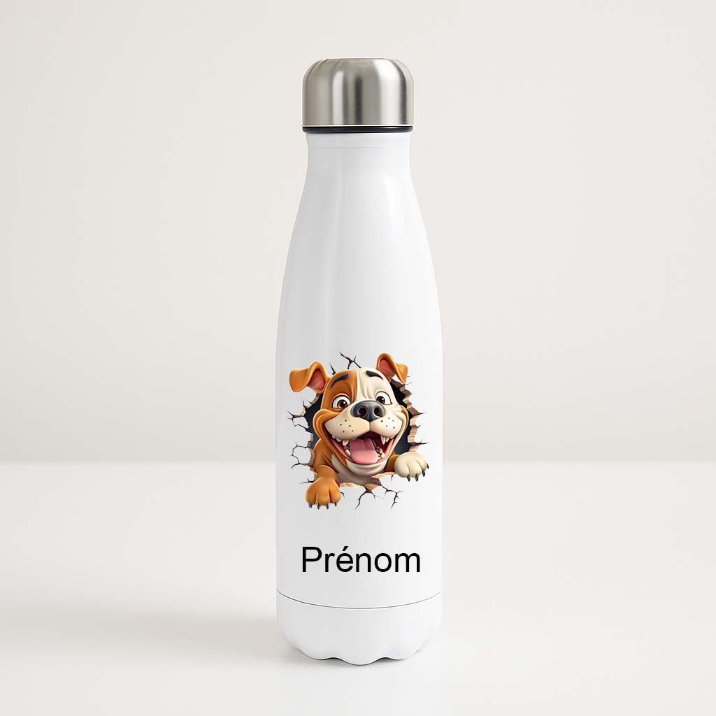Bouteille isotherme blanche avec dessin cartoon d’un bulldog perçant le mur et prénom personnalisable