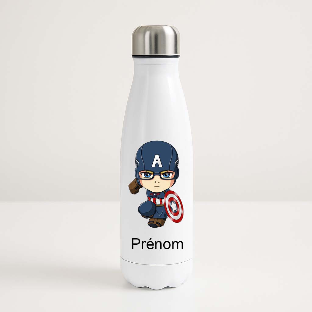 Bouteille isotherme blanche avec illustration chibi de Captain America et prénom personnalisable