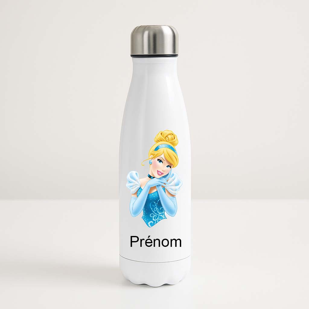 Bouteille isotherme blanche avec illustration de Cendrillon et prénom personnalisable pour enfants