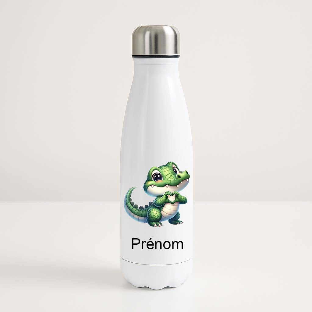 Bouteille isotherme blanche personnalisée avec un crocodile cartoon mignon et un prénom imprimé en dessous