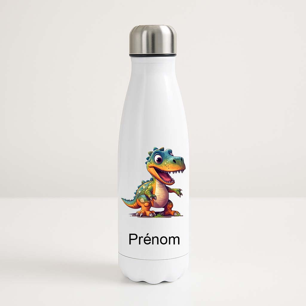 Bouteille isotherme blanche enfant avec un dessin de dinosaure mignon coloré et prénom personnalisable imprimé en dessous